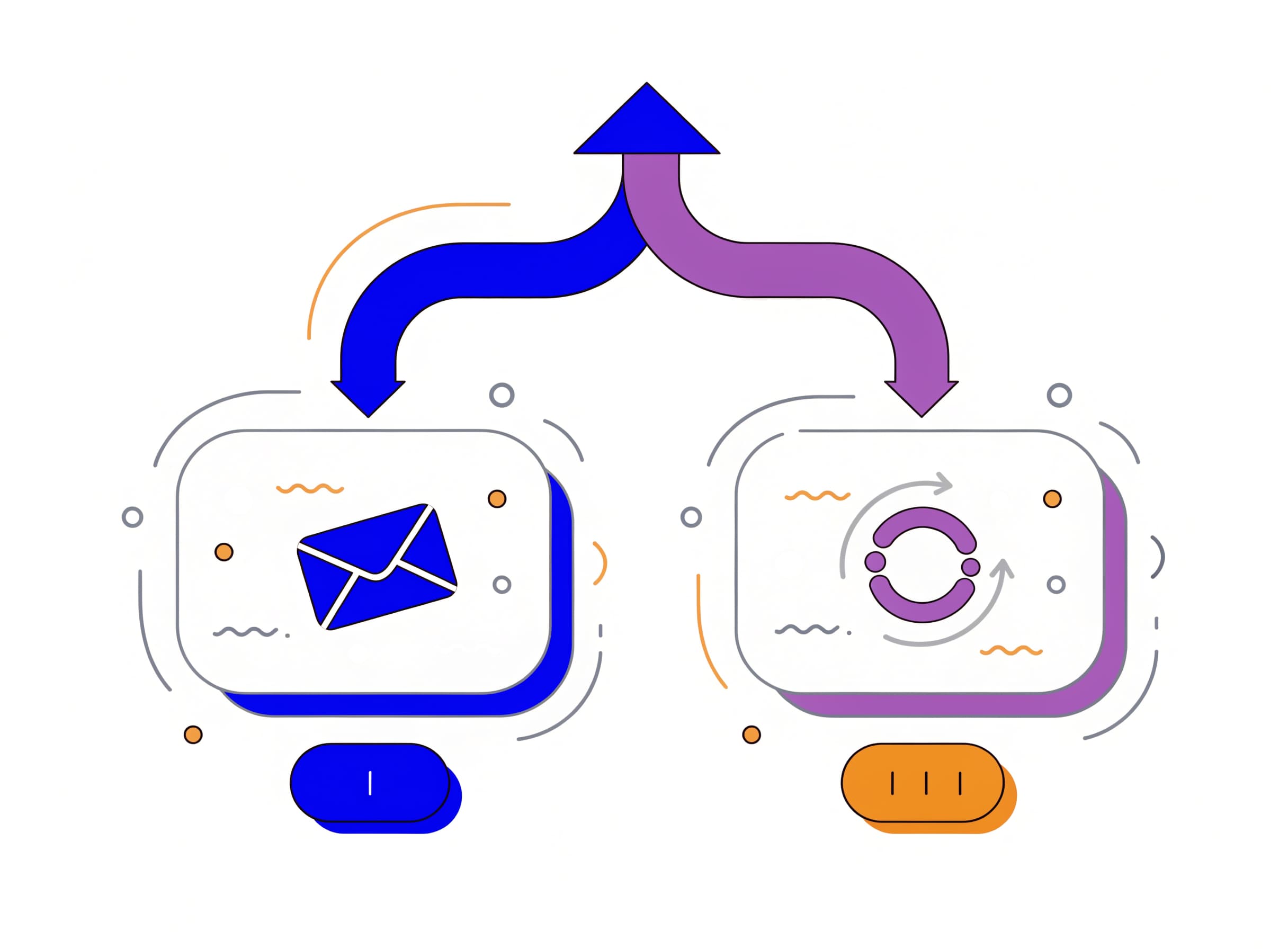 the-campaign-engine splits at the top into a one-off envelope container and a recurring loop container, each with a matching cadence chip below