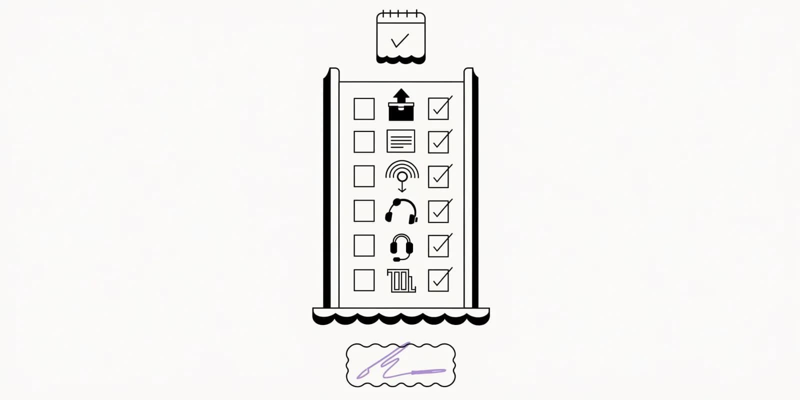 the-launch-gate clipboard with six ticked checklist rows (stock, page, tracking, lifecycle flow, support, margin) and a signature block at the bottom marked with a lavender pen-line for owner sign-off