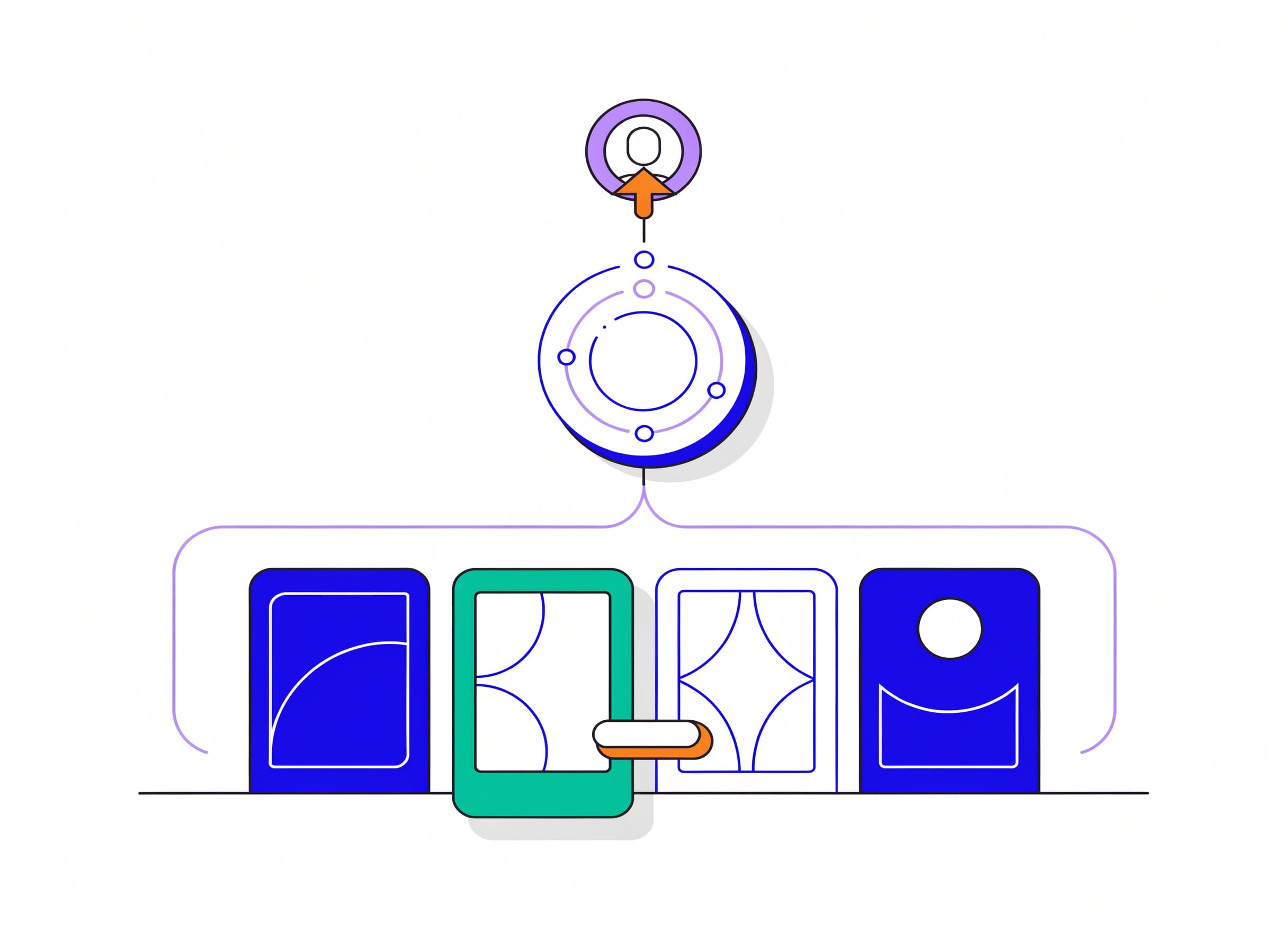 the-enablement-kit shows a rep request pointing at a shelf of four collateral cards - one-pager, ROI calculator, proposal template, playbook - with one card lifted forward and a stage-mapping tag hovering above