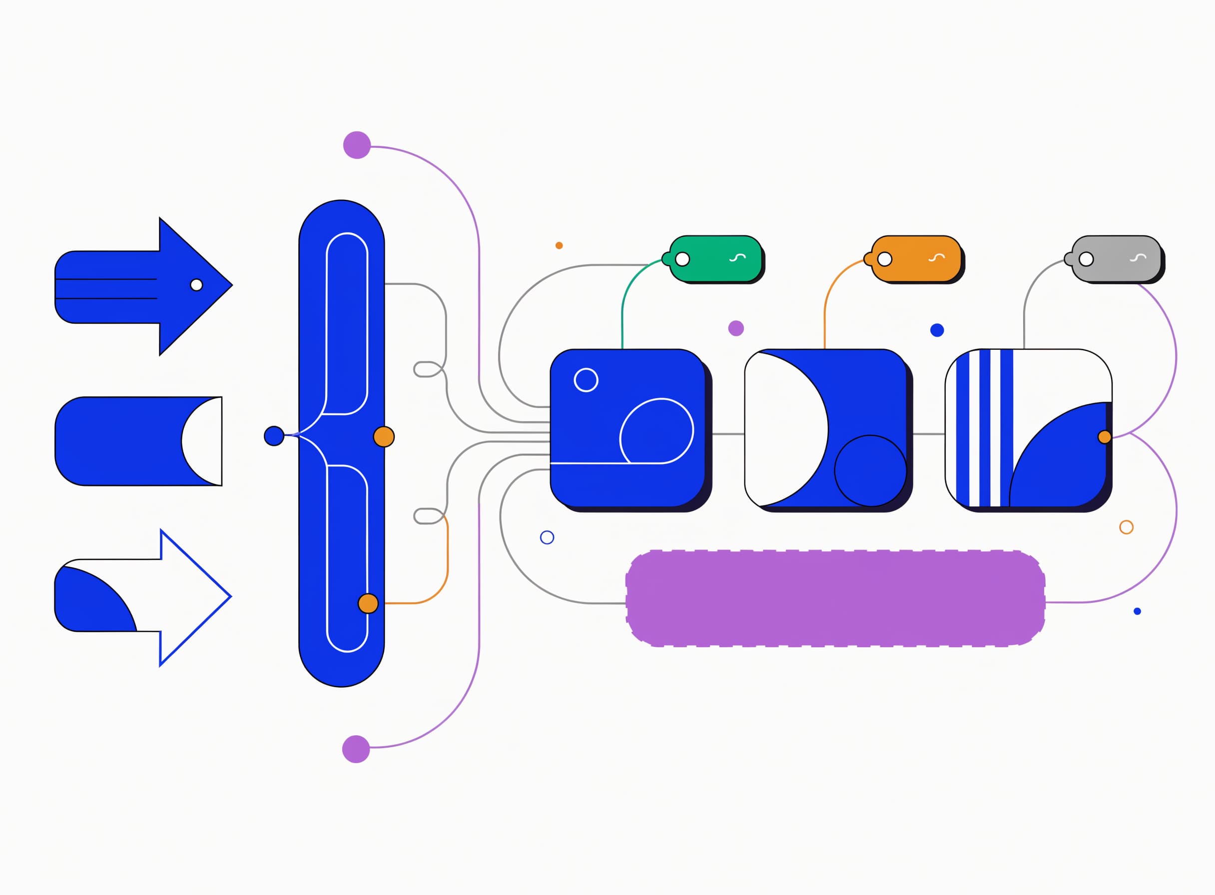 the-variant-router flows three audience-segment arrows into a routing switch that branches to three content-variant rectangles with measurement-plan tags and a dashed lavender fallback for unmatched traffic