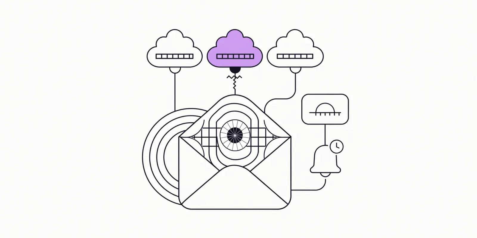 the-campaign-engine pairs an email envelope with three scored subject-line balloons and a personalization merge-tag on the body, plus SMS bubble with character-count and push bell with quiet-hour clock; the winning subject variant highlighted in lavender