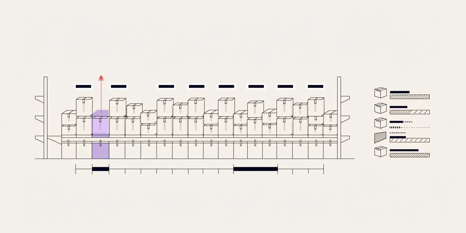 the-inventory-risk-brief shows warehouse shelves of SKU boxes each with a days-of-cover meter above; one critically short SKU is highlighted in lavender against a lead-time timeline with a supply arrival marker
