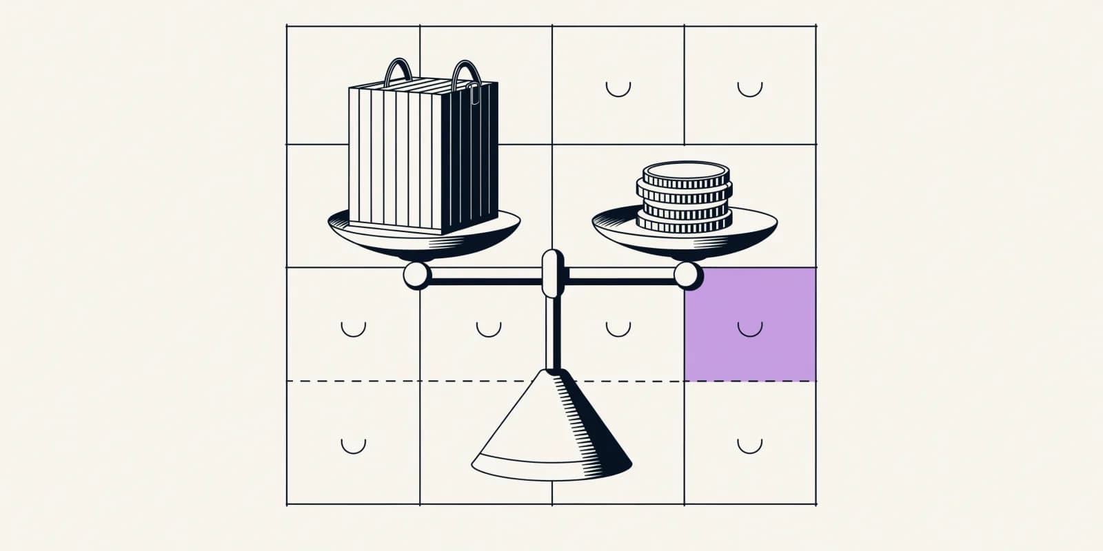 the-shipping-margin-check weighs a shipping crate against coins on a scale, over a grid banded by order-value and zone with one leaking cell highlighted in lavender and a dashed free-shipping threshold line