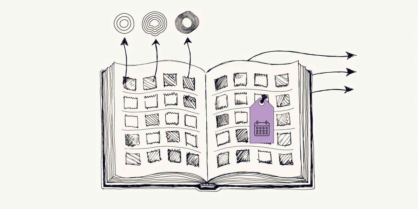 the-loop-ledger opens a state-file ledger book with two columns of stamp-marks, three loop-icons on the left writing to it and three on the right reading, and a lavender suppression tag with review-date calendar pinned to one row
