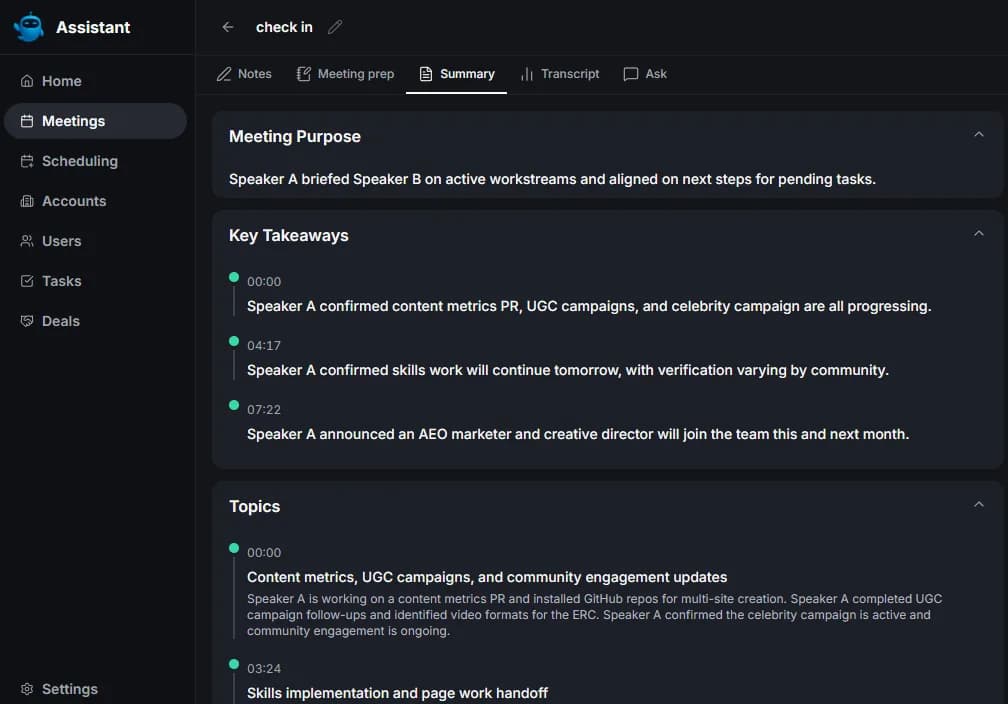 Intempt desktop app showing an AI-generated meeting summary with key takeaways and topics